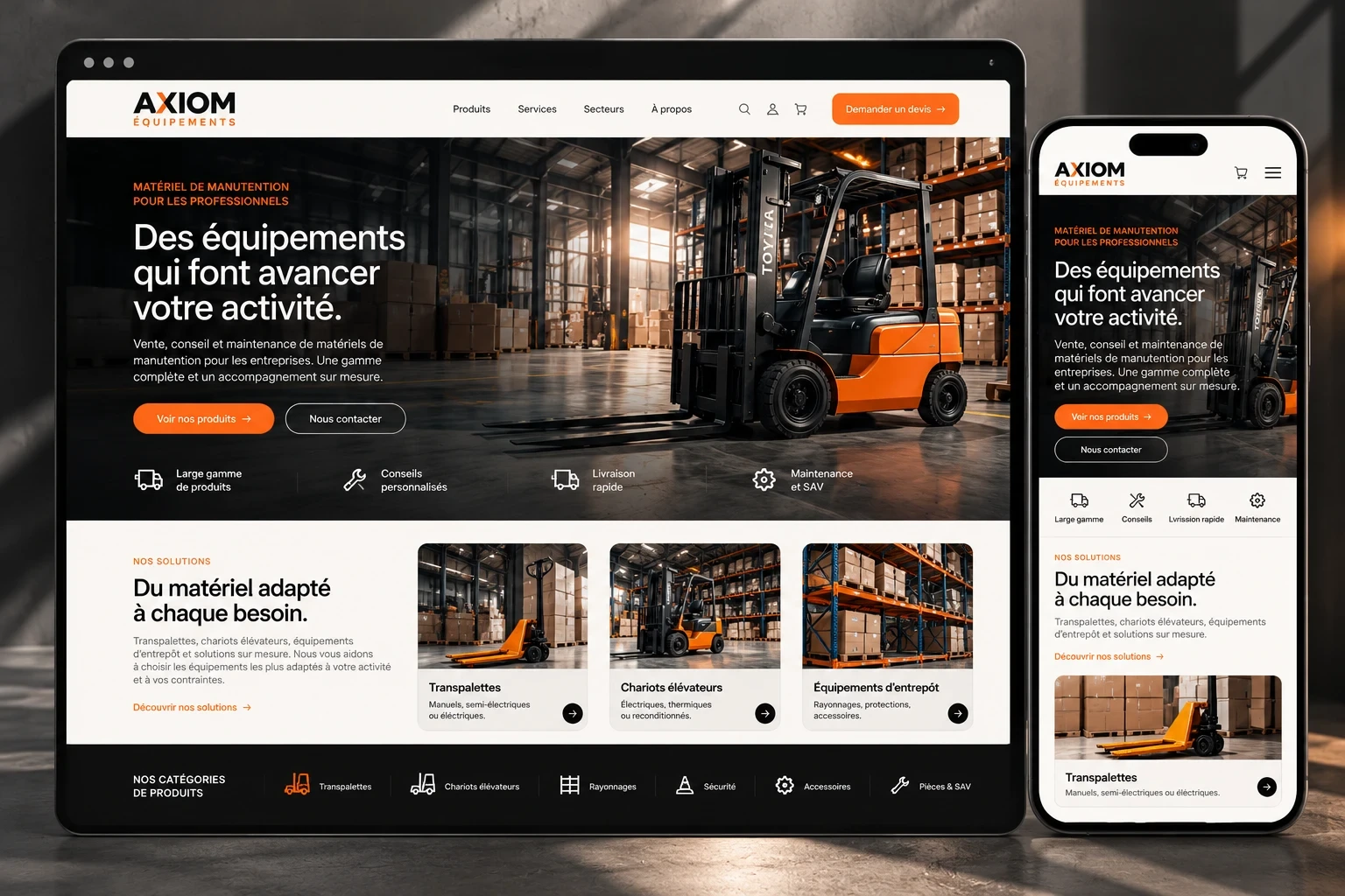 Maquette d'un site avancé pour un distributeur de matériel de manutention.